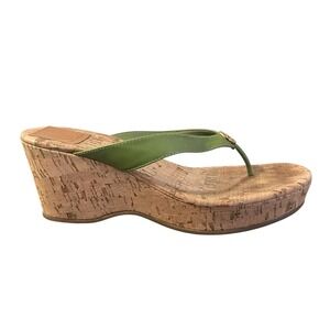 Tory Burch Suzy Sandals Sz 11 Leaf Green Leather Thong Wedge Logo